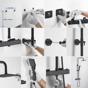 AICA ITALY Sistema Doccia con Miscelatore Termostatico a 38℃ e Soffione Tondo Altezza Regolabile 735-117cm Nero