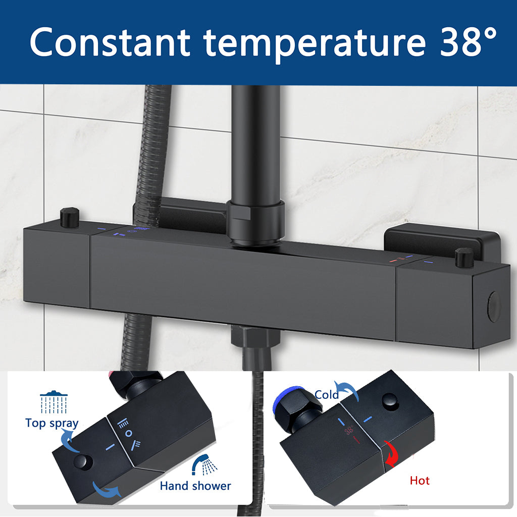 AICA ITALY Sistema Doccia con Miscelatore Termostatico a 38℃ e Soffione Tondo Altezza Regolabile 735-117cm Nero