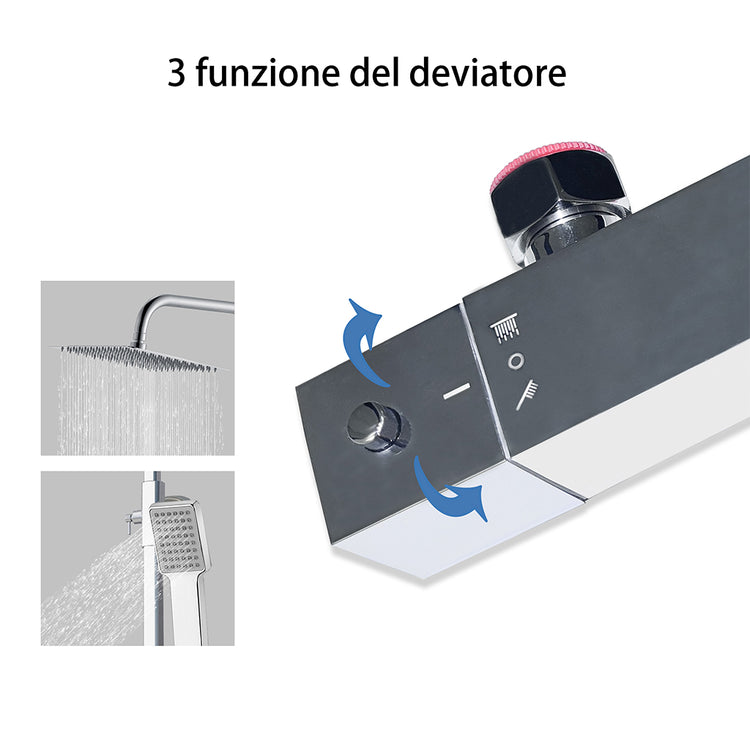 AICA Set Doccia Completo Cromo con Soffione Doccetta e Rubinetto Quadrati e Saliscendi Tondo, Miscelatore Termostatico Doccia