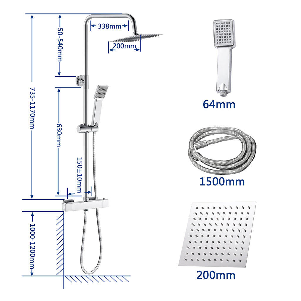 AICA ITALY Sistema Doccia con Miscelatore Termostatico a 38℃ e Soffione Tondo Altezza Regolabile 735-117cm Cromo