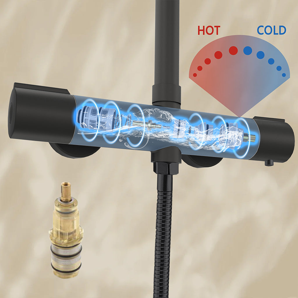 AICA ITALY Sistema Doccia con Miscelatore Termostatico a 38℃ e Soffione Rotondo da 25cm Altezza Regolabile 75-130cm nero