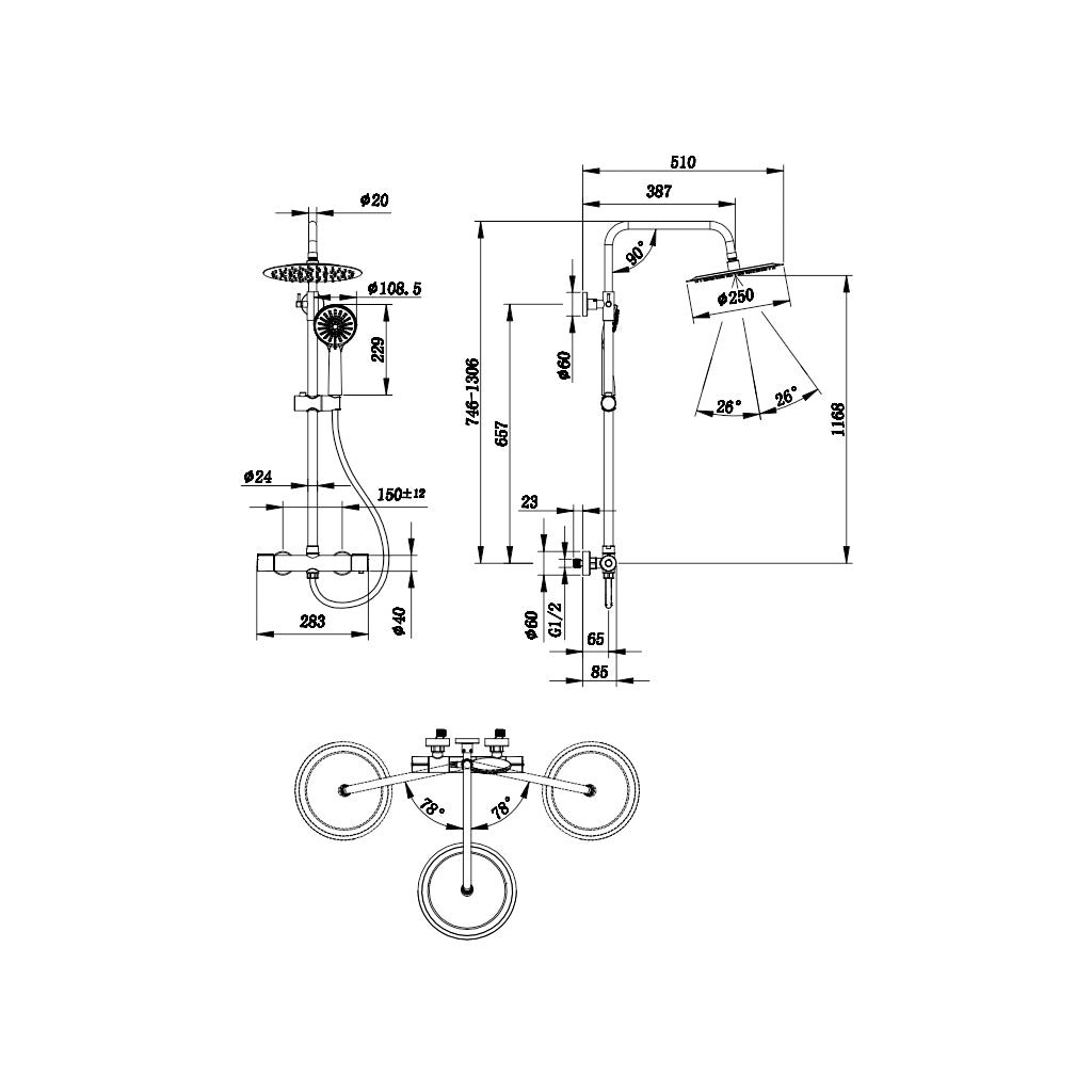 AICA ITALY Sistema Doccia con Miscelatore Termostatico a 38℃ e Soffione Rotondo da 25cm Altezza Regolabile 75-130cm Cromo