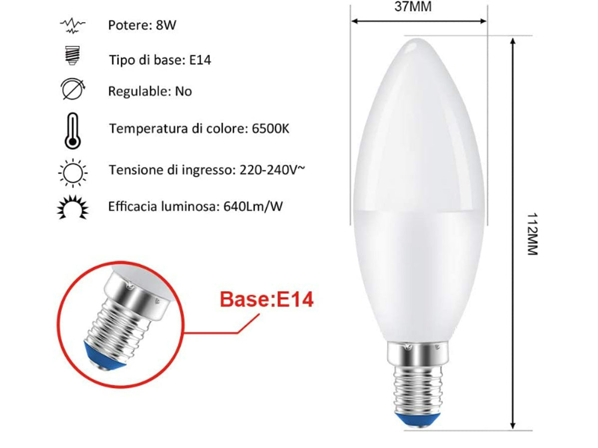 Lampada A Led E14 C37 8W Bianco Neutro 4200K 720 Lumen