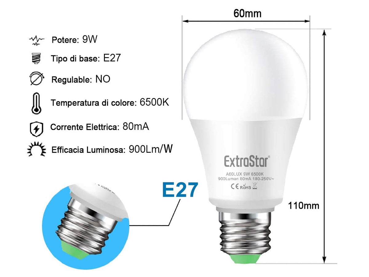 Lampada A Led E27 Con Sensore Crepuscolare 9W 900 Lumen A60 6500K Day Night Sensor