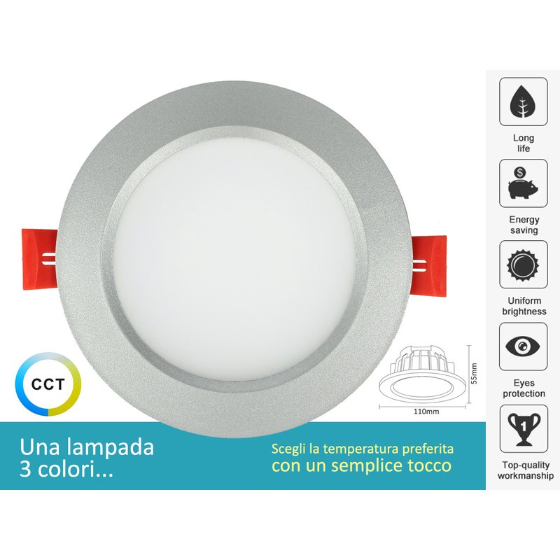 Lampada Faretto Led Da Incasso 10W CCT Dimmerabile Carcassa Grigio Argento 2700K 4000K 6000K 3 In 1 Diametro 110mm