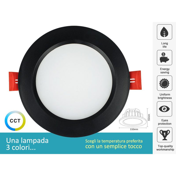 Lampada Faretto Led Da Incasso 10W CCT Dimmerabile Carcassa Nera 2700K 4000K 6000K 3 In 1 Diametro 110mm