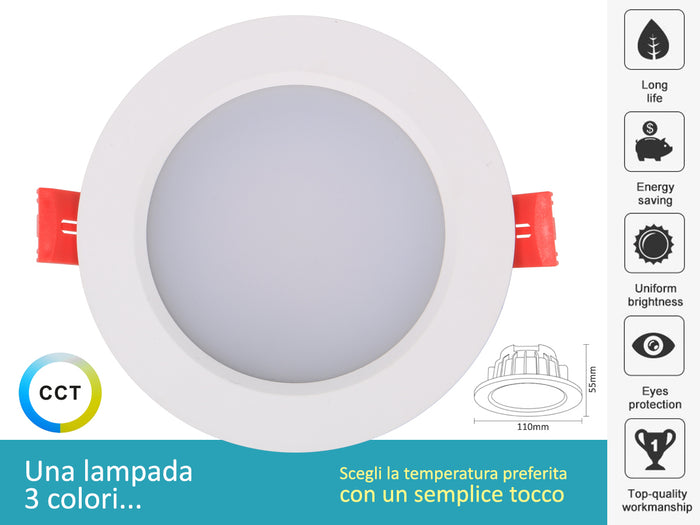 Lampada Faretto Led Da Incasso 10W CCT Dimmerabile Triac Dimmer 2700K 4000K 6000K 3 In 1 Diametro 110mm Carcassa Bianca