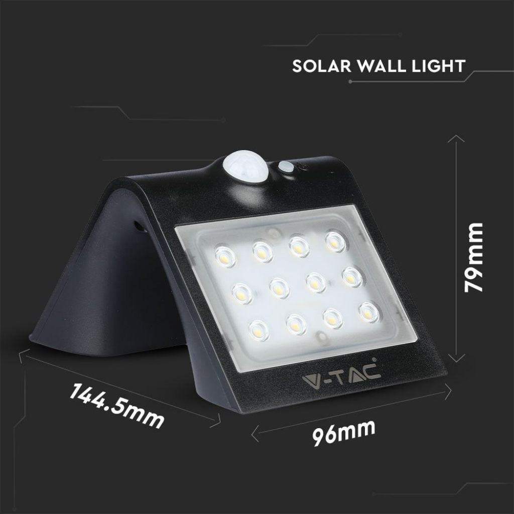 VT-767-2V-TAC Faretto Lampada LED Solare da Muro a Batteria 1,5W 14LED con Sensore PIR Colore Nero 4000K IP65 SKU 8277