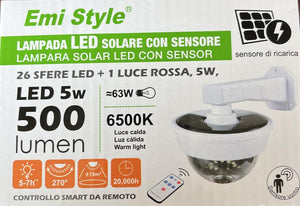 Lampada Led Con Pannello Solare e Sensore Movimento 5W 500lm 6500K Con Forma di Finta Telecamera Dome