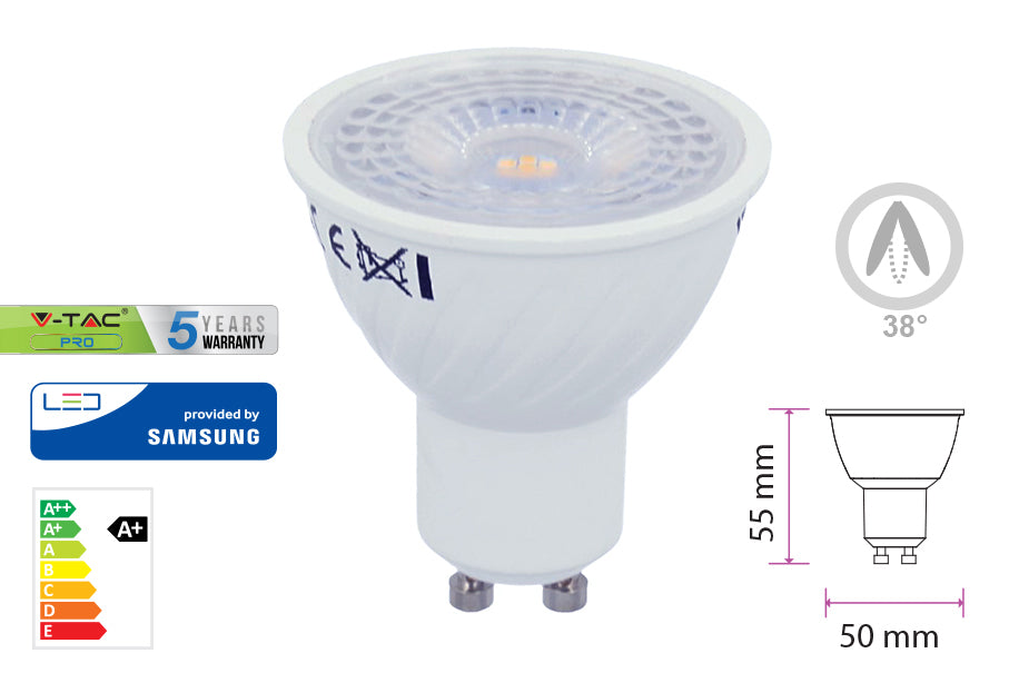 Lampada Led GU10 7W=60W 220V 38 Gradi Bianco Caldo 3000K Chip Samsung Garanzia 5 Anni Angolo Stretto SKU-21165