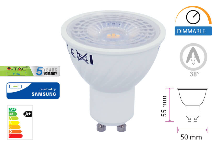 Lampada Led GU10 Dimmerabile 6,5W 38 Gradi 220V Bianco Freddo 6400K Chip Samsung Garanzia 5 Anni SKU-21197