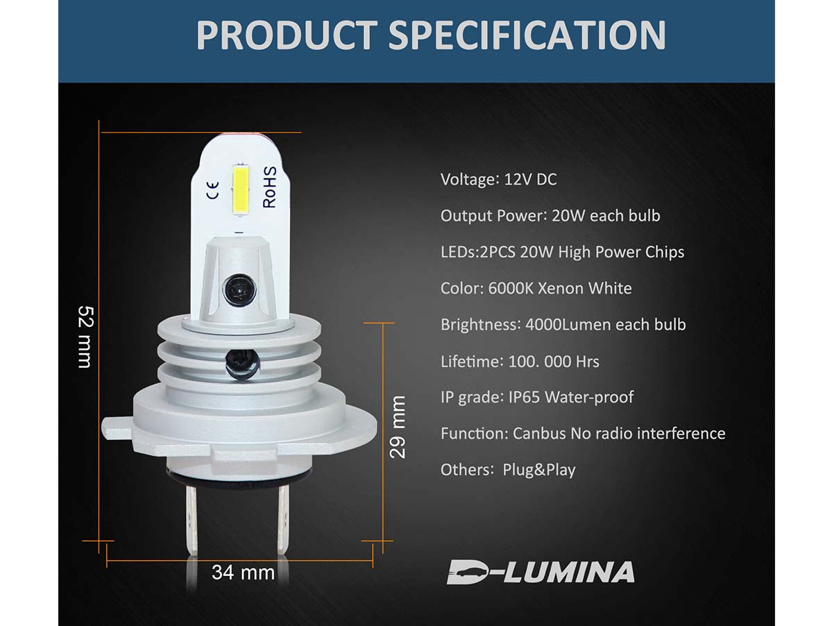 Lampada Led H7 12V 20W Fendinebbia IP65 Bianco 6000K 2000LM 360 Gradi Canbus Slim