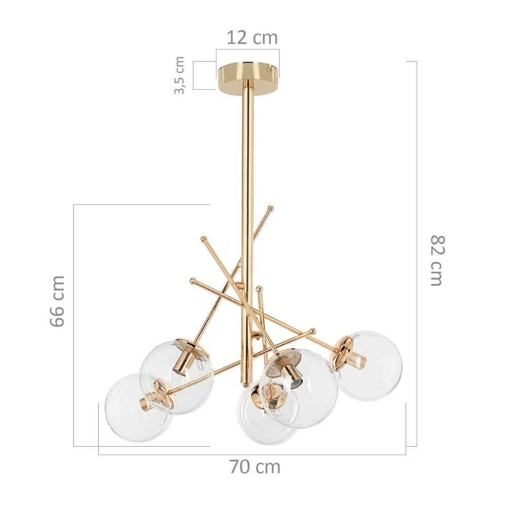 Lampada da soffitto Gondia ASZ1391 in metallo colore oro con 5 paralumi in vetro