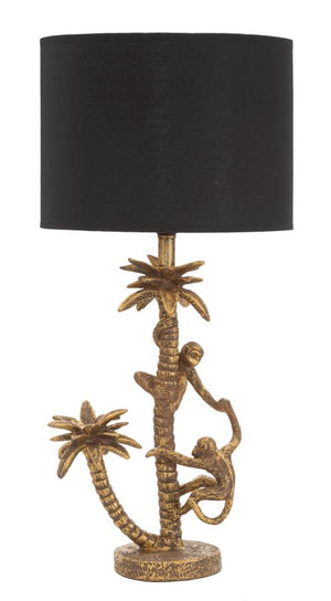 Lampada da tavolo con palma e scimmiette oro antico, paralume nero diam 28x61cm Palm Monkey