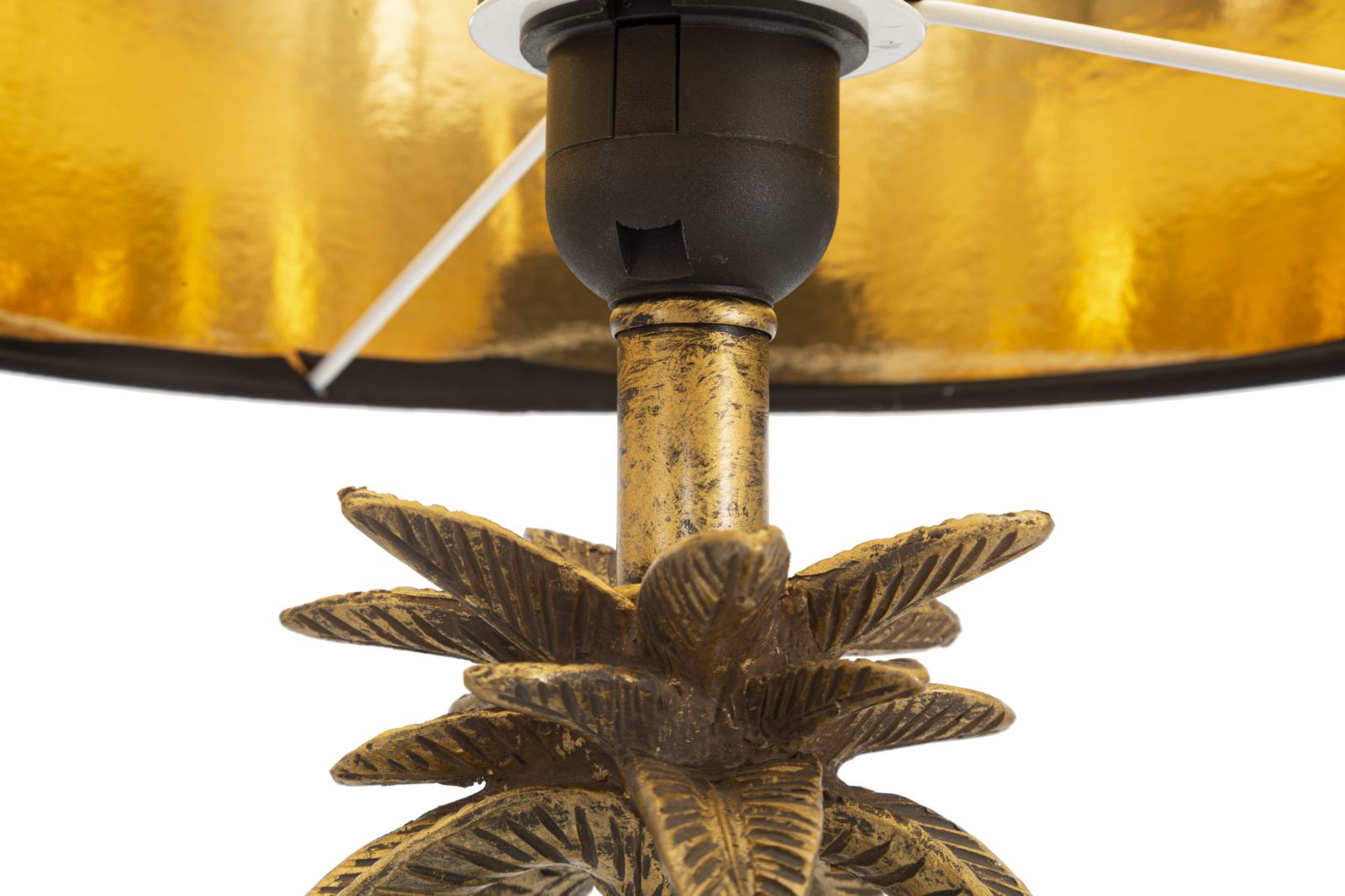 Lampada da tavolo con palma e scimmiette oro antico, paralume nero diam 28x61cm Palm Monkey