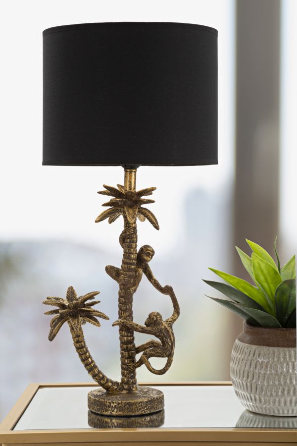 Lampada da tavolo con palma e scimmiette oro antico, paralume nero diam 28x61cm Palm Monkey