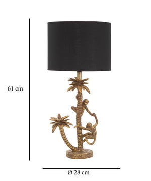 Lampada da tavolo con palma e scimmiette oro antico, paralume nero diam 28x61cm Palm Monkey