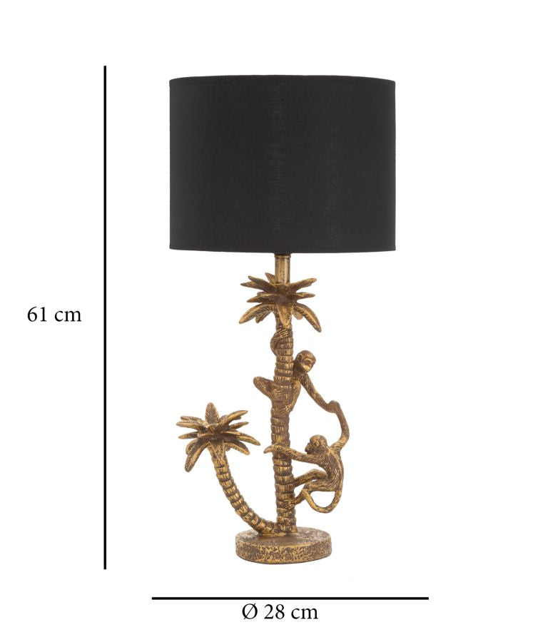 Lampada da tavolo con palma e scimmiette oro antico, paralume nero diam 28x61cm Palm Monkey