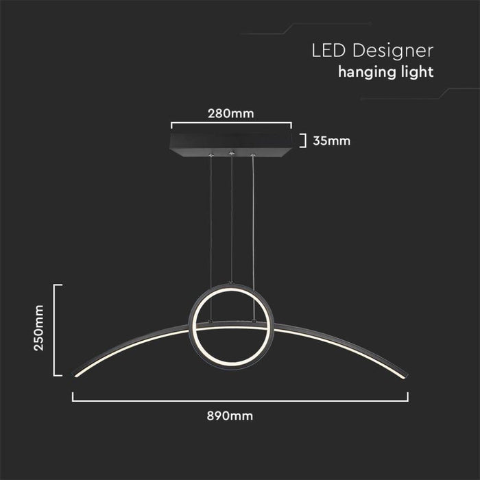 Lampadario LED a Sospensione 30W 3200lm dal Design Moderno Anello e Barra Curvata Colore Nero 4000K SKU-6933