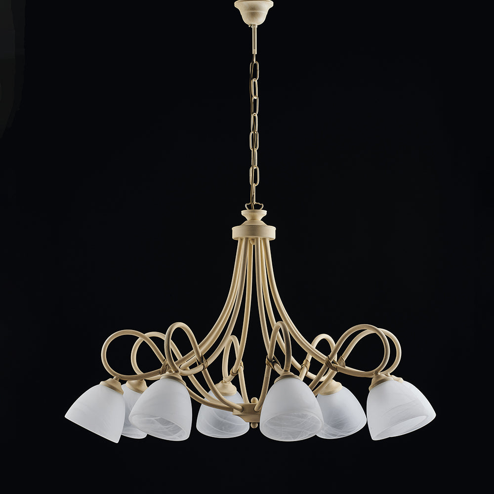 Lampadario in ferro laccato avorio con decorazione effetto decapè e rifiniture in oro antico con diffusori in vetro diametro 13 alabastro bianchi 8 luci