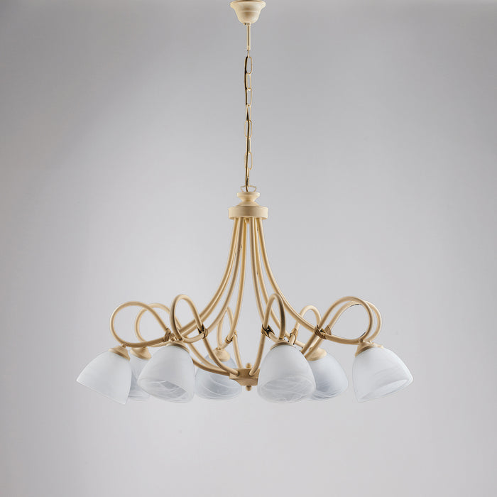 Lampadario in ferro laccato avorio con decorazione effetto decapè e rifiniture in oro antico con diffusori in vetro diametro 13 alabastro bianchi 8 luci