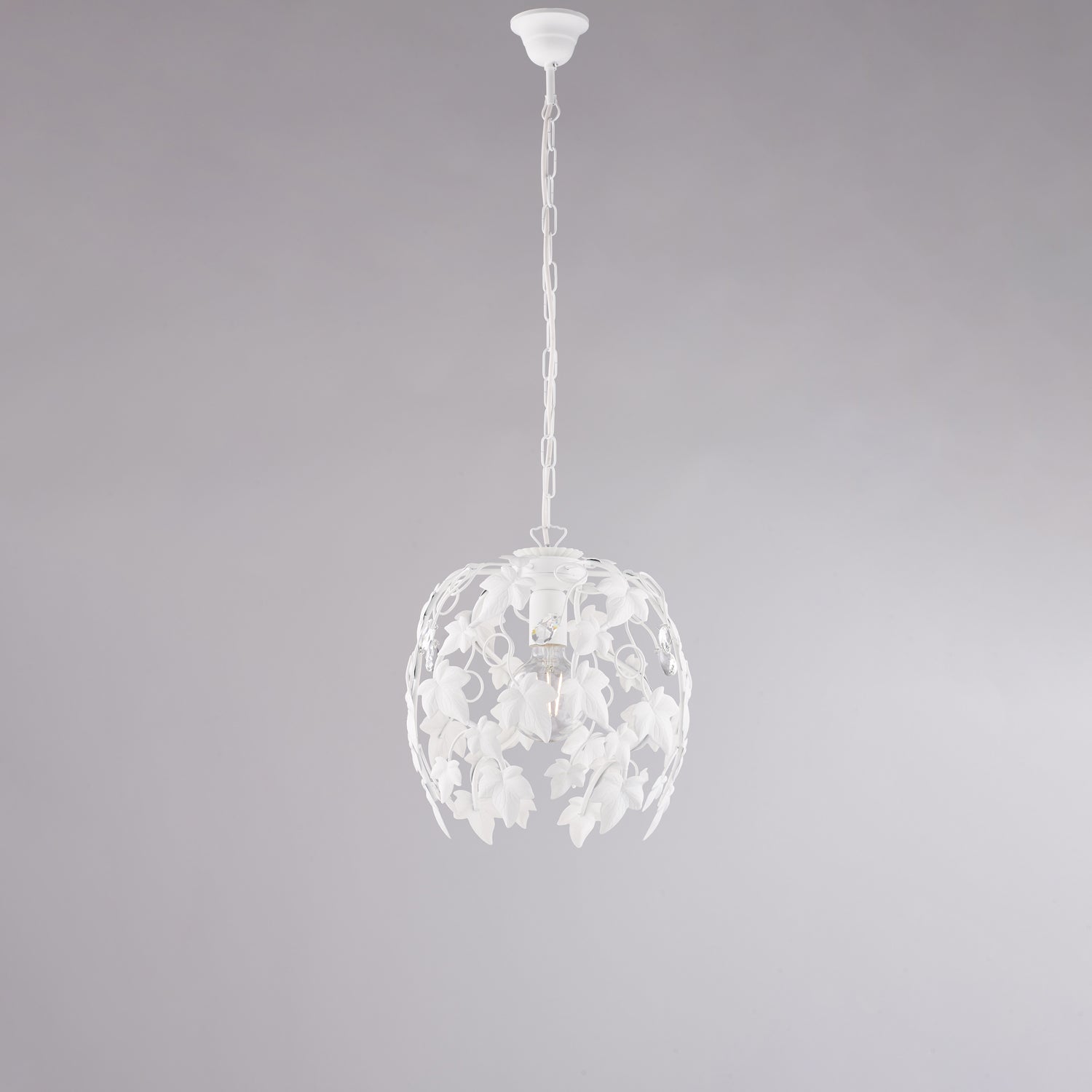 Lampadario in ferro laccato bianco con decorazione effetto shabby chic e strass in cristallo 1 luce