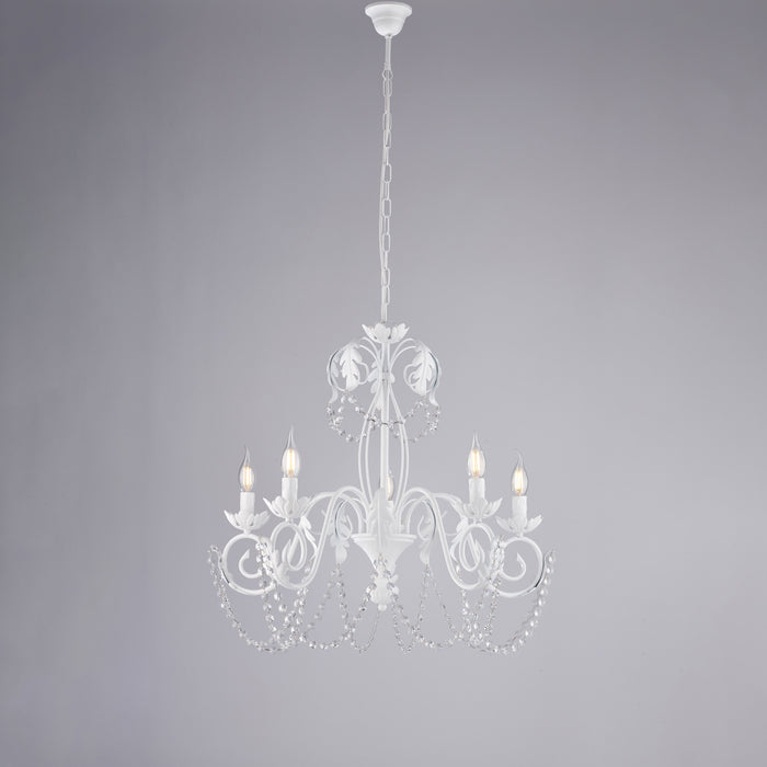 Lampadario in ferro laccato bianco con decorazione effetto shabby chic e strass in cristallo 5 luci