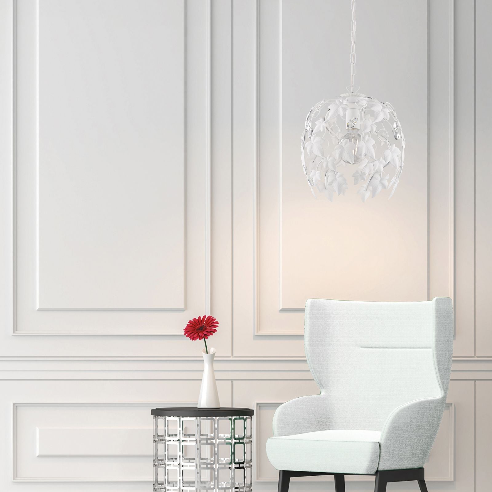 Lampadario in ferro laccato bianco con decorazione effetto shabby chic e strass in cristallo 1 luce