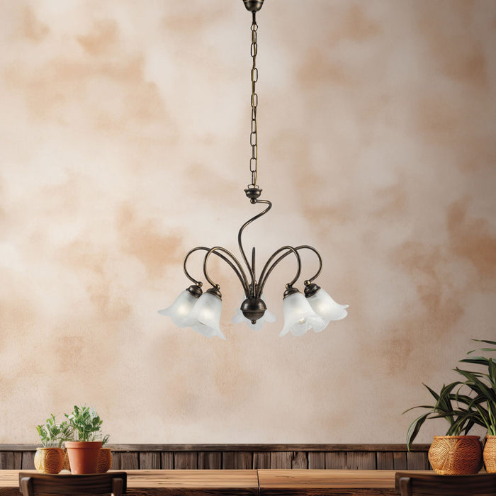 Lampadario in ferro laccato marrone con decorazione oro antico e diffusori in vetro diametro 14 alabastro bianchi 5 luci