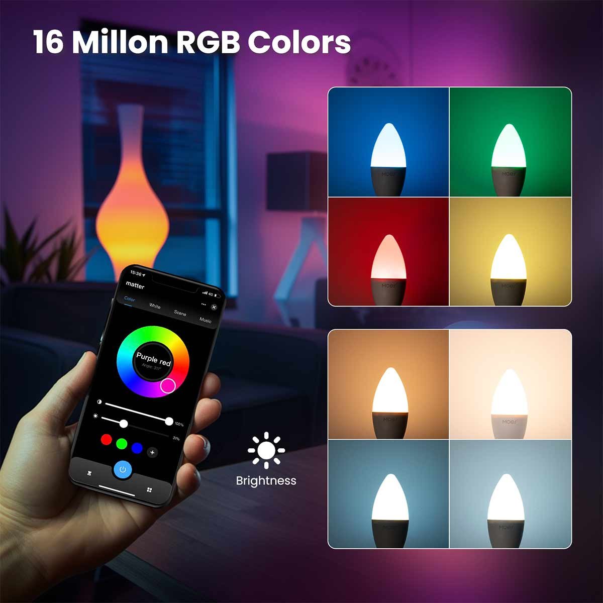 Lampadina Matter LED Wifi Smart Multicolore RGB Dimmerabile E14 6W 470Lm App Compatibile con Amazon Alexa e Google Home