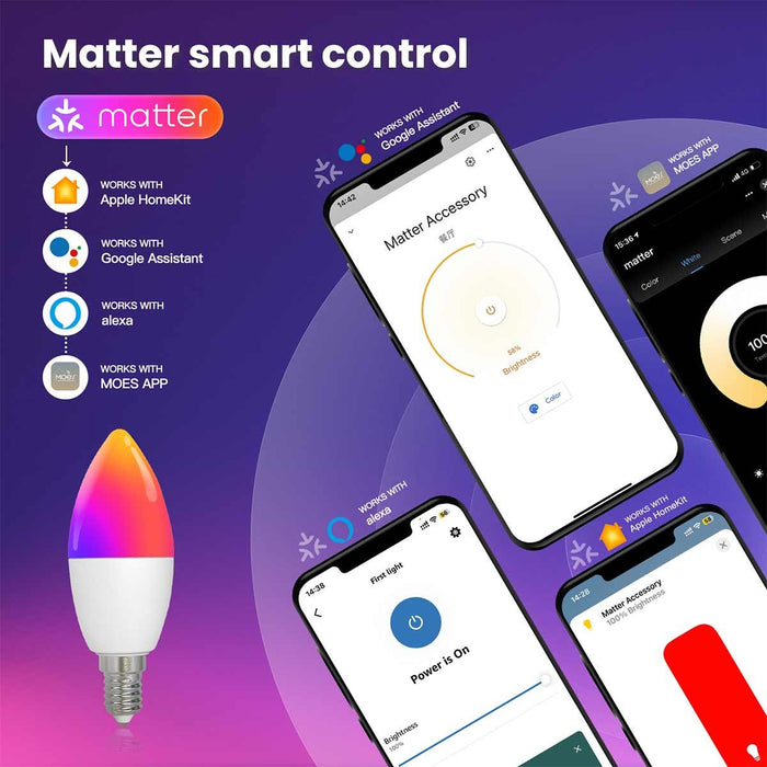 Lampadina Matter LED Wifi Smart Multicolore RGB Dimmerabile E14 6W 470Lm App Compatibile con Amazon Alexa e Google Home