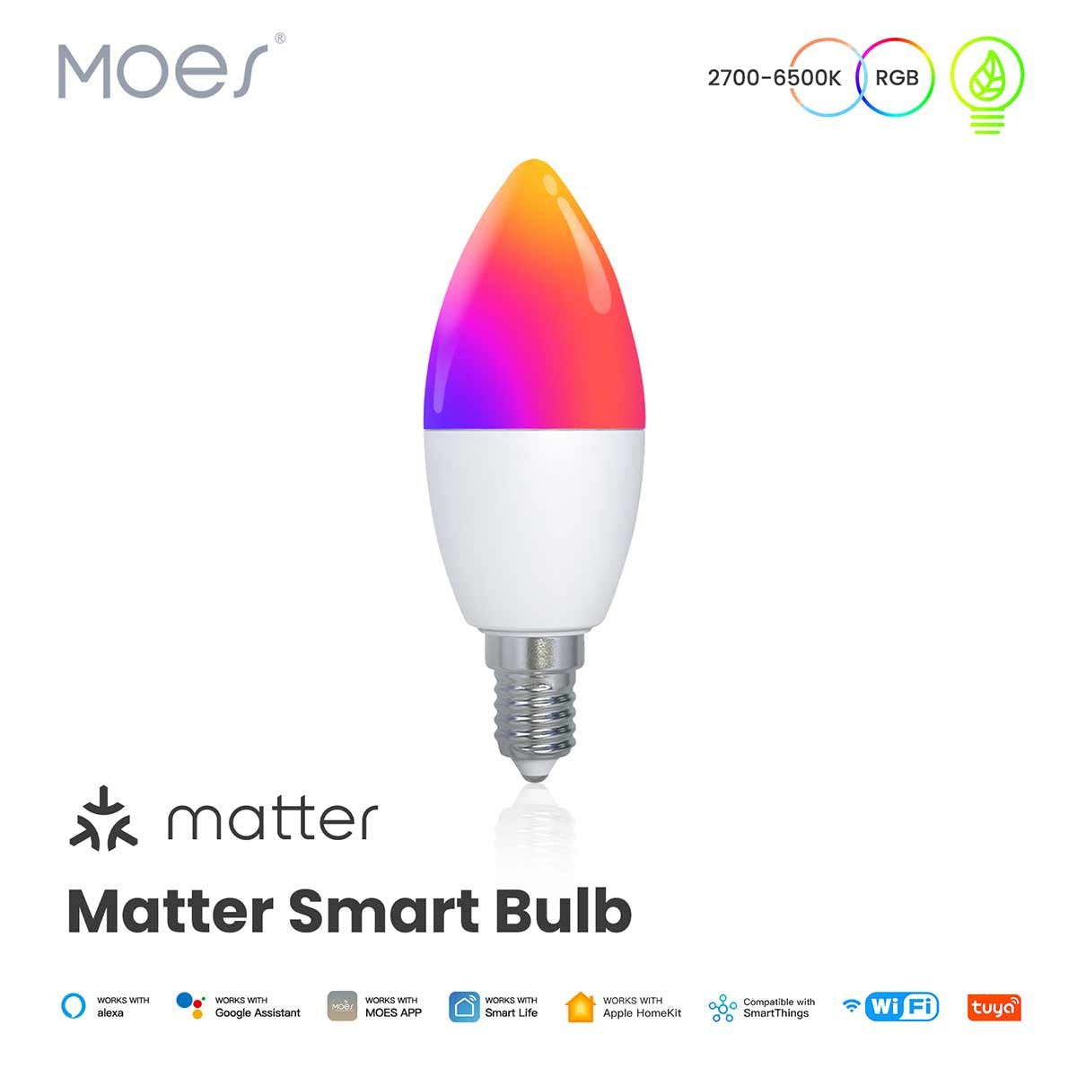 Lampadina Matter LED Wifi Smart Multicolore RGB Dimmerabile E14 6W 470Lm App Compatibile con Amazon Alexa e Google Home