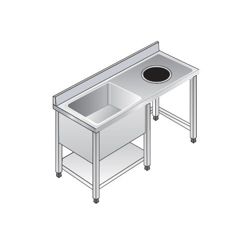 Lavello 140x70x85 acciaio inox 304 su gambe ripiano vano pattumiera RS5933