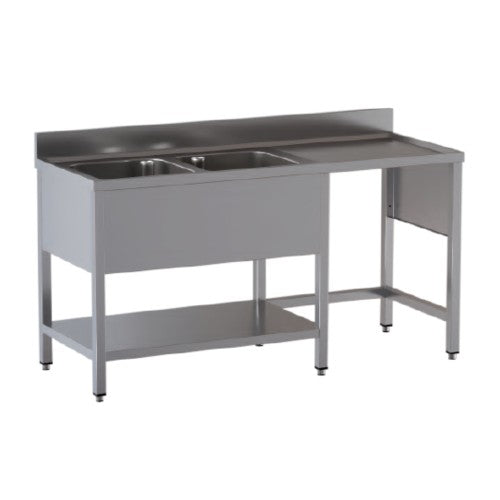 Lavello 160x60x85 acciaio inox 430 su gambe ripiano vano pattumiera RS5039