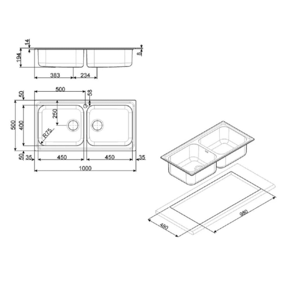 Lavello Smeg BRG100 2 vasche 100x50 cm inox