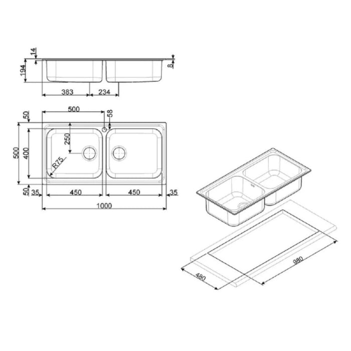 Lavello Smeg BRG100 2 vasche 100x50 cm inox