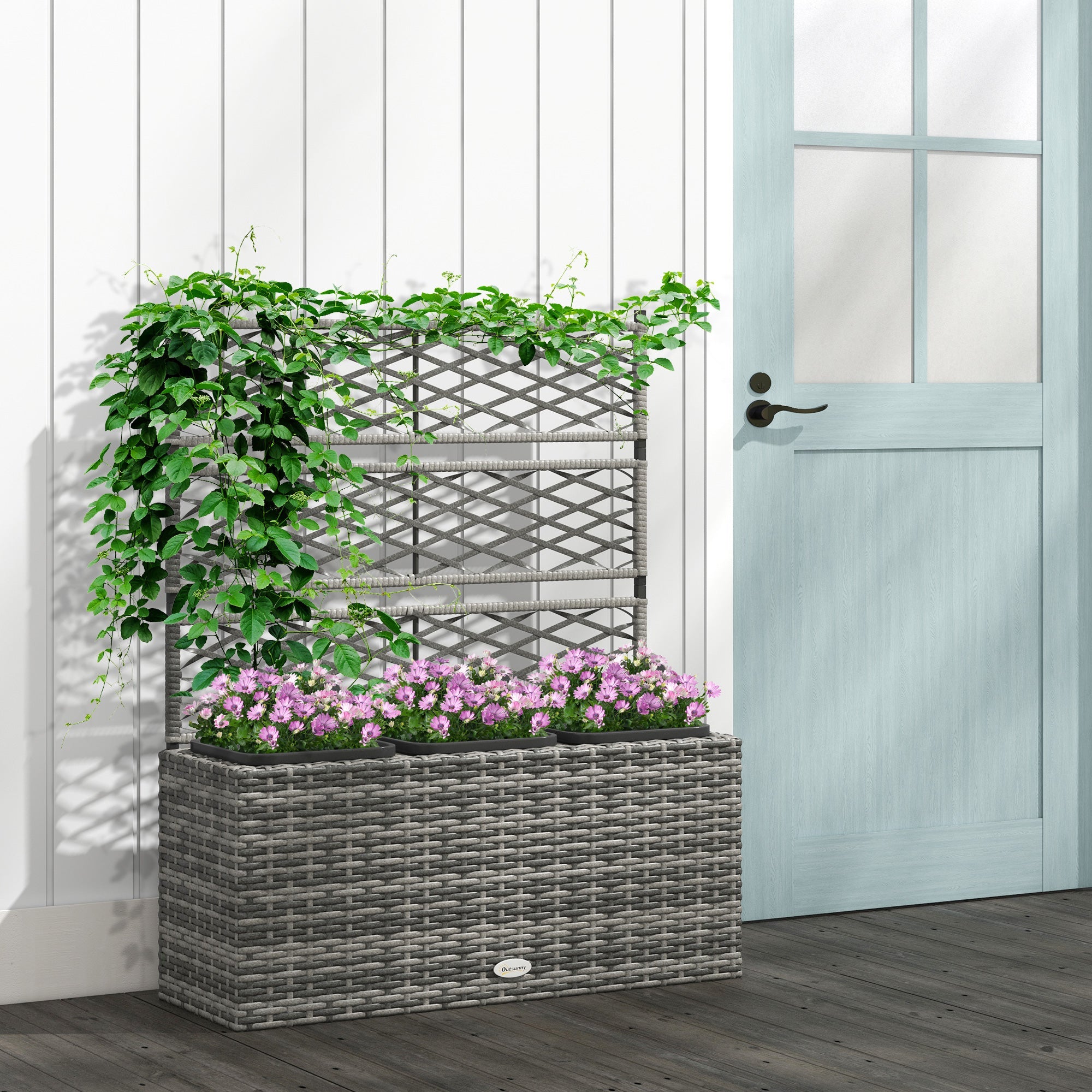 Fioriera con Grigliato per Rampicanti con 3 Vasi 84x30x107 cm in Acciaio e Rattan PE Grigio