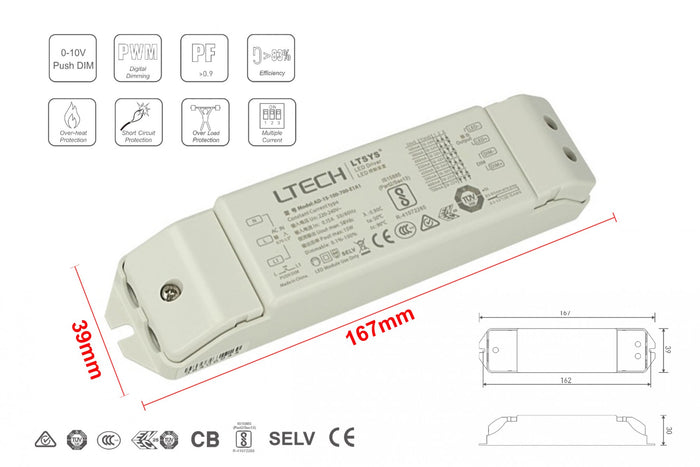 Led Driver CC Dimmerabile 0/1-10V Pulsante N.O. Push Dimmer 15W Regolabile 100/180/300/350/450/500/600/700mA