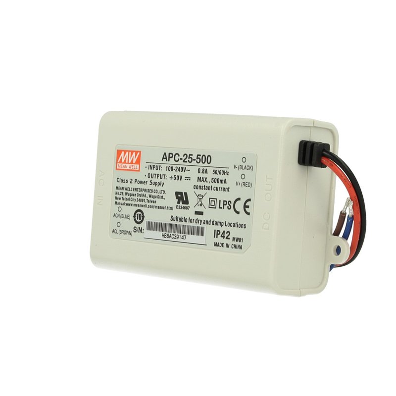 Led Driver CC MeanWell APC-25-500 Trasformatore 500mA 15V-50V DC 25W Corrente Costante IP42