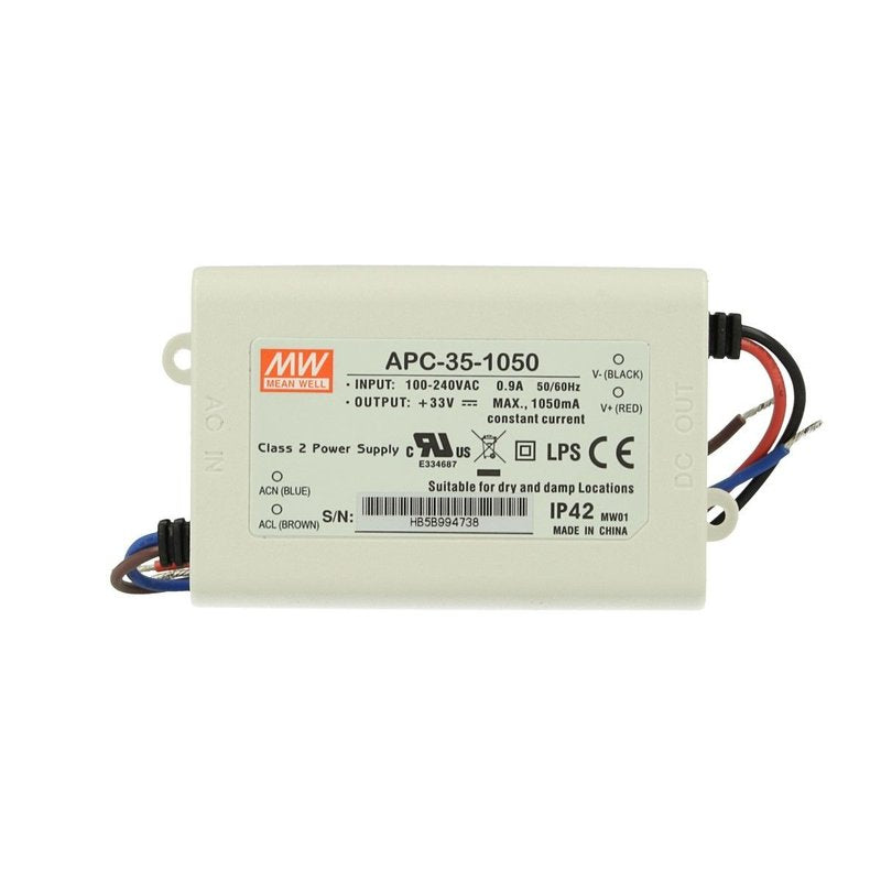 Led Driver CC MeanWell APC-35-1050 Trasformatore 1050mA 11V-33V DC 35W Corrente Costante IP42