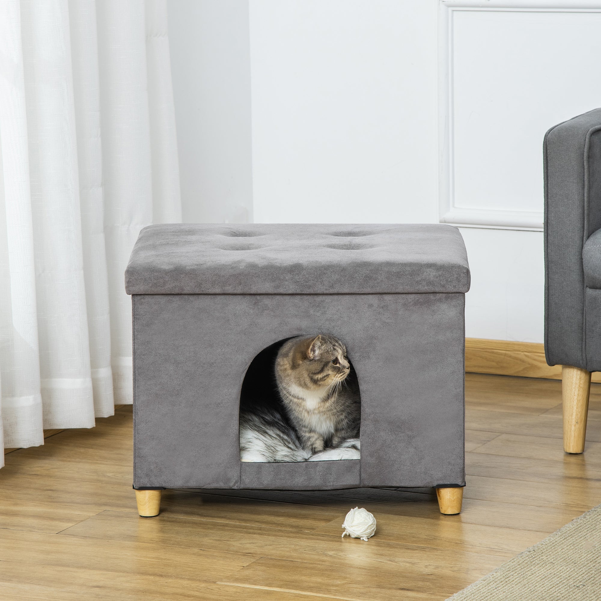 Casetta per Gatti Pouf Poggiapiedi Imbottito 60x45x44,5 cm con Cuscino Rimovibile e Lavabile Grigio