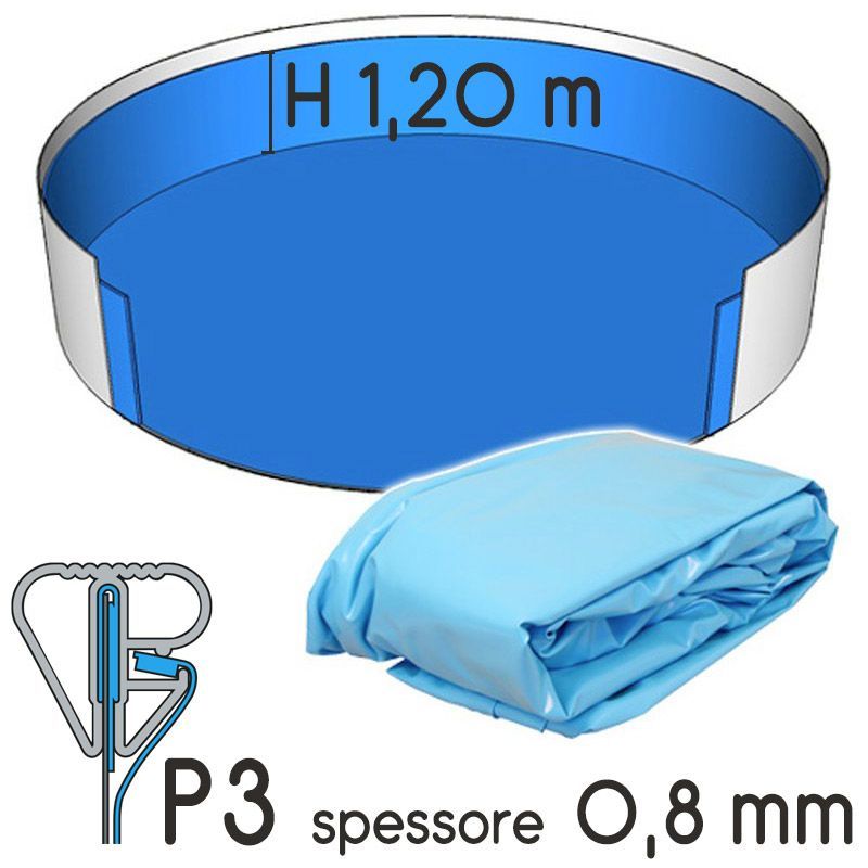 Liner Per Piscina A Forma Circolare  3,60 X H. 1,20 M Azzurro - Attacco P3 - Spessore 0,80 Mm