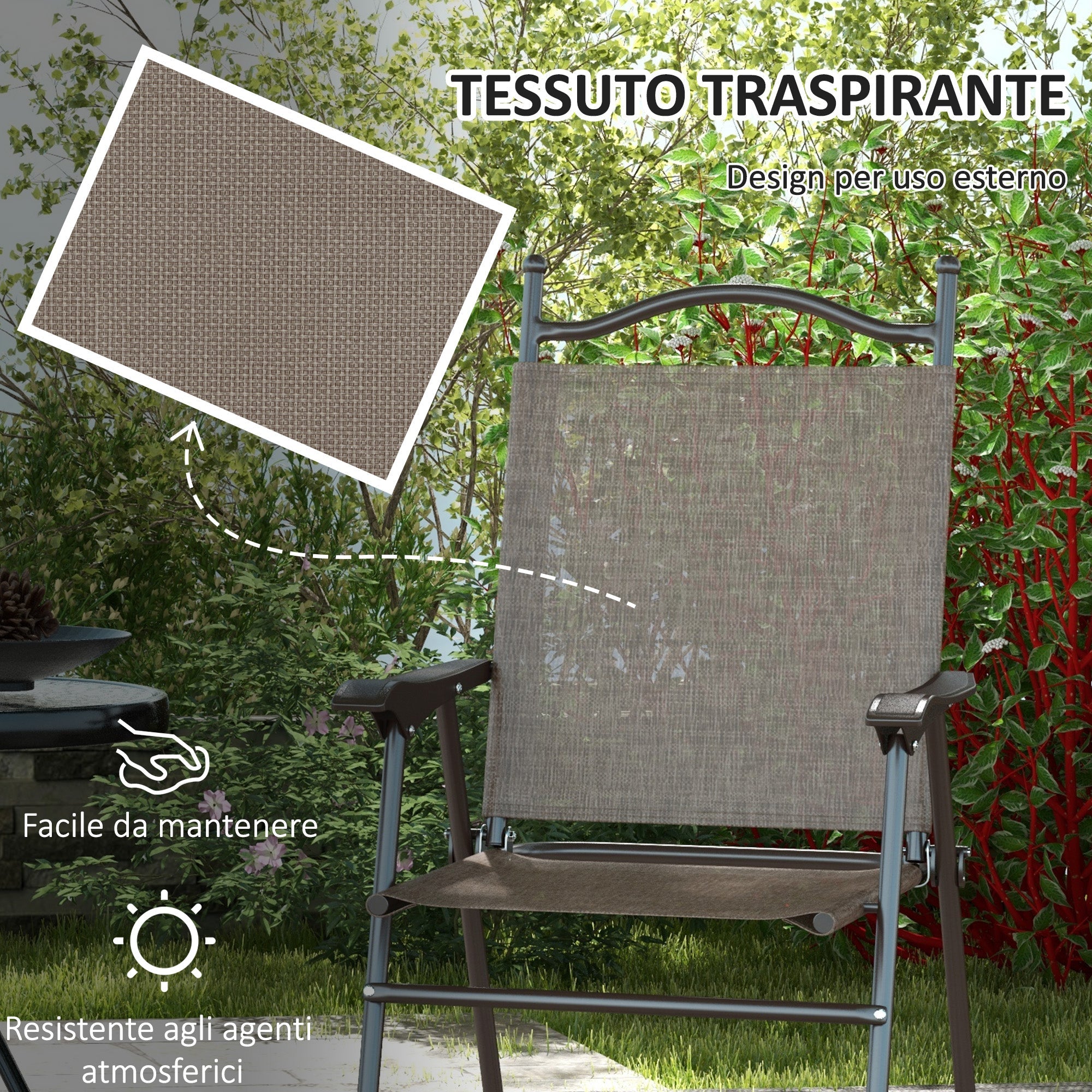 Set 2 Sedie Pieghevoli da Giardino con Braccioli 56x62x97 cm Seduta in Tessuto Marrone