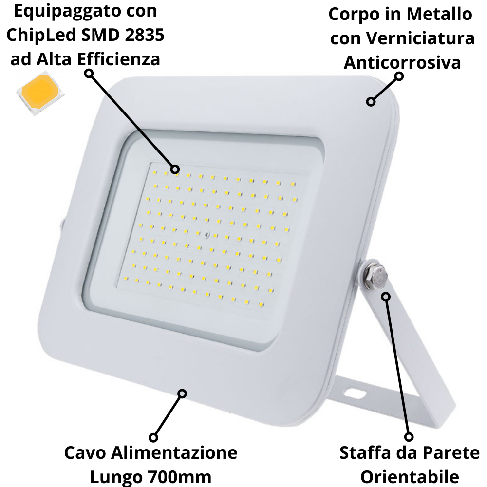 Proiettore led 100 watt slim metallo bianco impermeabile 5 anni garanzia temperatura 4500k 