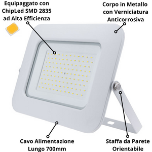 Proiettore led 100 watt slim metallo bianco impermeabile 5 anni garanzia temperatura 6000k 