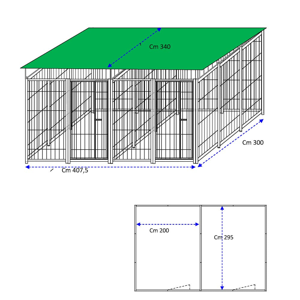 2 box per cani in linea con copertura ciascuno da 3x2 metri con zincatura a caldo