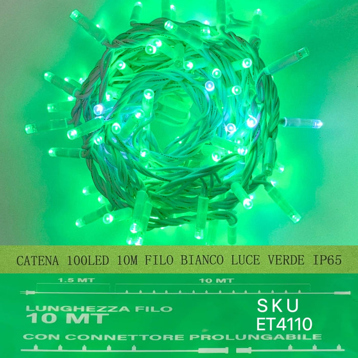 Luci Natalizie Catena 100 LED 10 Metri  Filo Bianco Luce Verde IP65