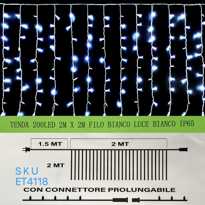 Luci natale tenda luminosa decorazioni Natalizie 200 led reflex 2mt x 2 mt effetto flash luca Bianca 6000K+ luce bianca impermeabile IP65 Raccordabile