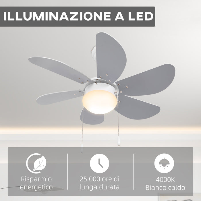 Ventilatore a Soffitto con Luce LED e Interruttore a Catena Ø76x41.5 cm in MDF e Acrilico Grigio e Bianco