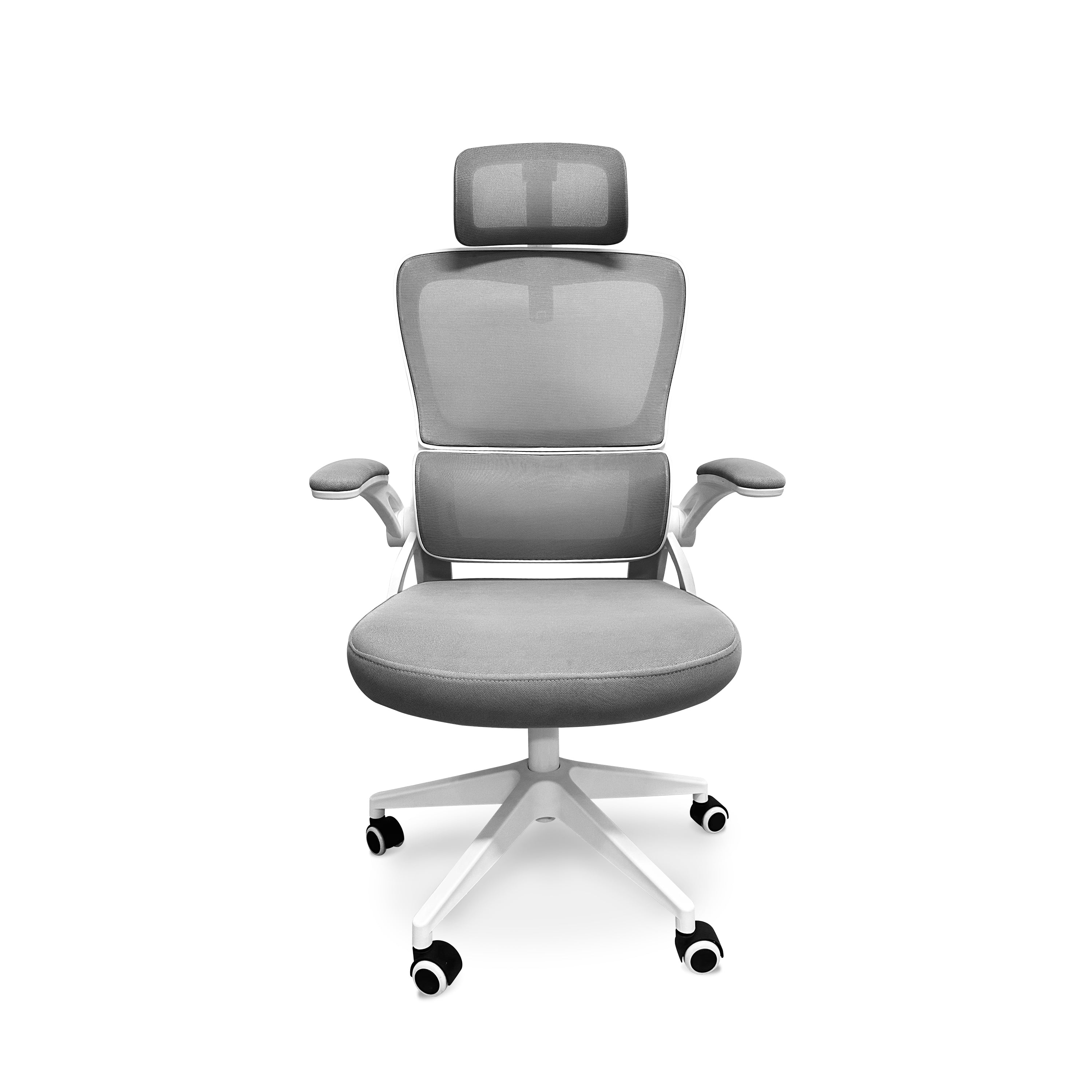 Lyn - Sedia da uffico ergonomica ad altezza regolabile, dotata di poggiatesta, imbottitura lombare e ruote girevoli - colore bianco e grigio